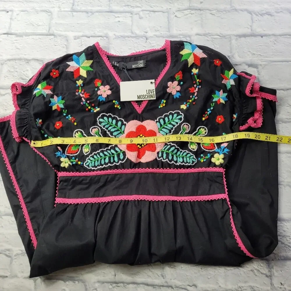 NWT Love Moschino Boho Embroidered Beaded Floral Black Dress Puff Sleeves size 6
